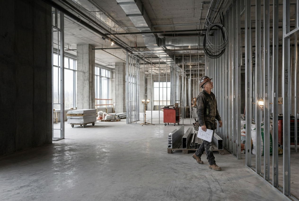 Site superintendent inspecting metal stud framing during a commercial interior renovation
